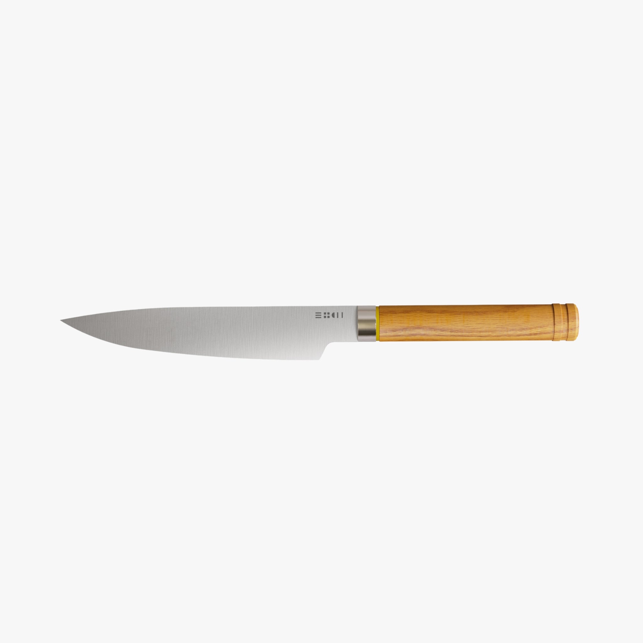 Couteau de chef haut de gamme ETCH fabriqué à Thiers, lame inox Nitrox 18,5 cm, tranchant exceptionnel, dureté 58 HRC, affûtage annuel. Manche rond en bois de merisier naturel verni, avec nervures uniques, prise stable, équilibre optimal. Gravure ETCH sur lame, design japonais épuré, destiné aux chefs exigeants.